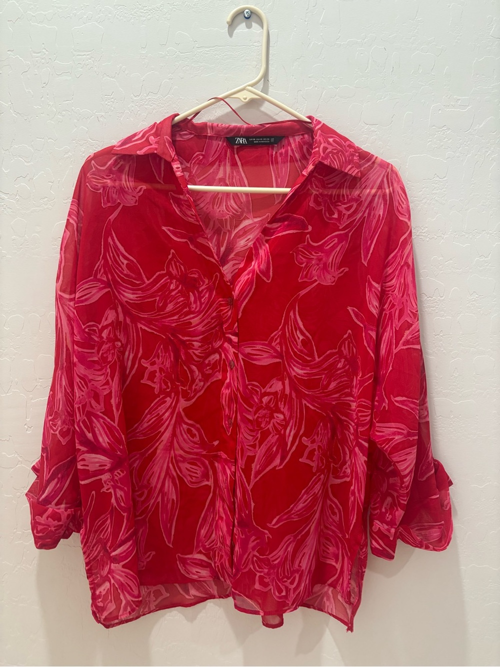 ZARA Red and Pink Floral Sheer Button-Down Shirt